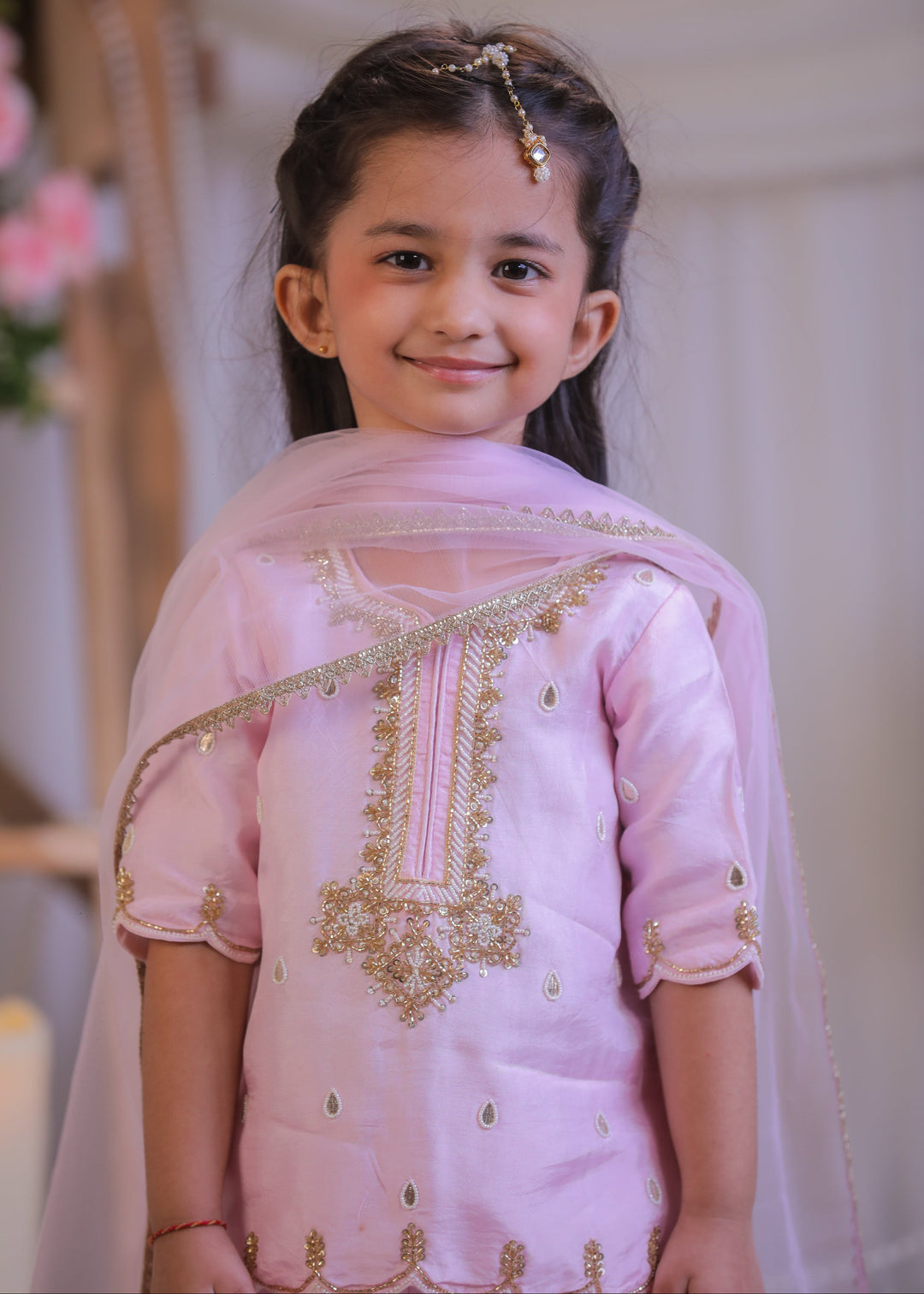 Pink Silk Pearl Embroidered Kurta With Palazzo Set