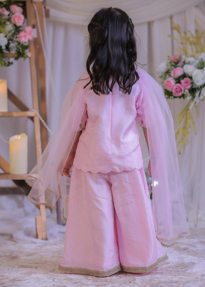 Pink Silk Pearl Embroidered Kurta With Palazzo Set