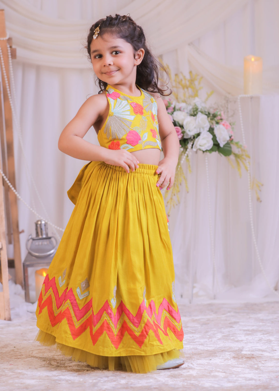 Mustard Silk Multicolored Embroidery Top With Ghagra Set