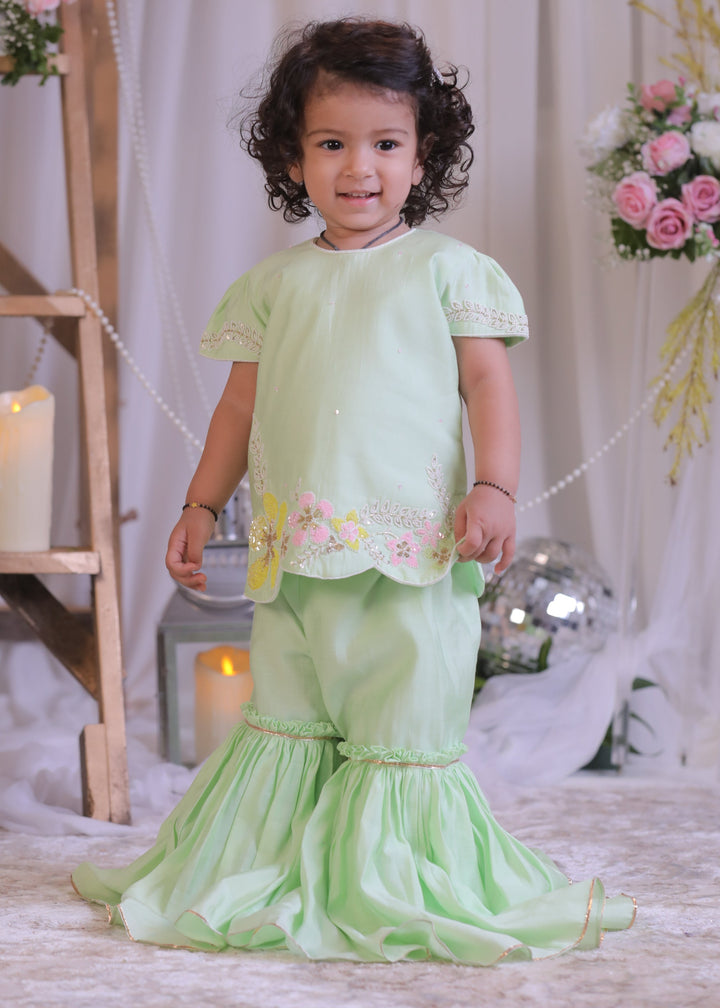 Green Silk Flower Sequins Embroidered Kurta With Sharara Set