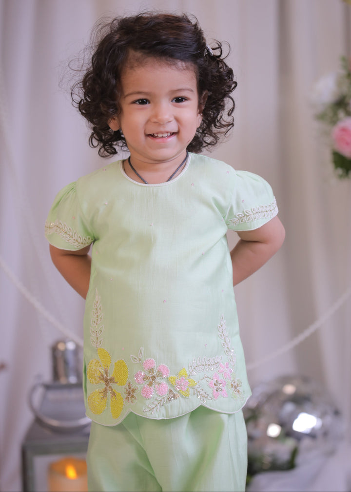 Green Silk Flower Sequins Embroidered Kurta With Sharara Set