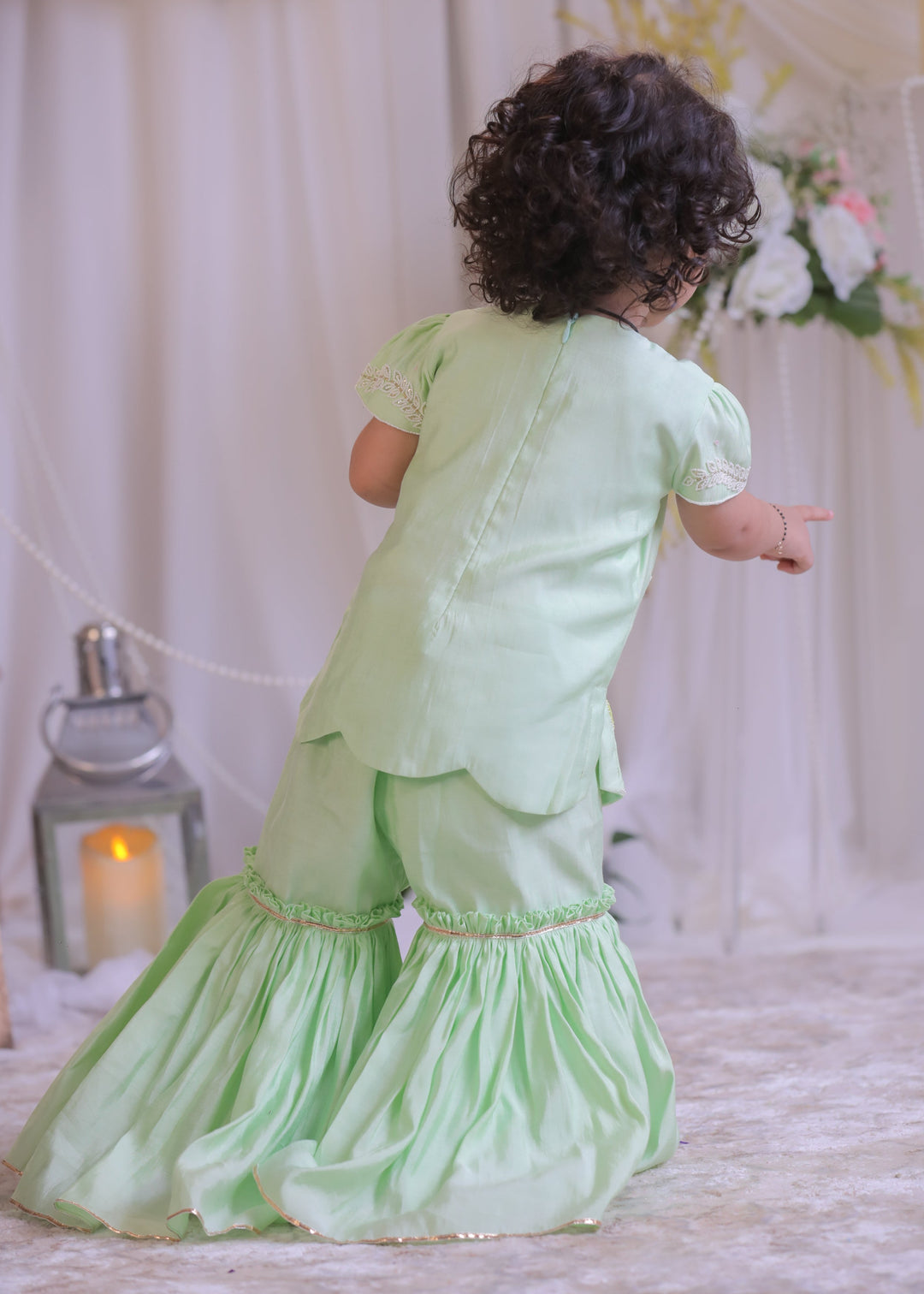 Green Silk Flower Sequins Embroidered Kurta With Sharara Set