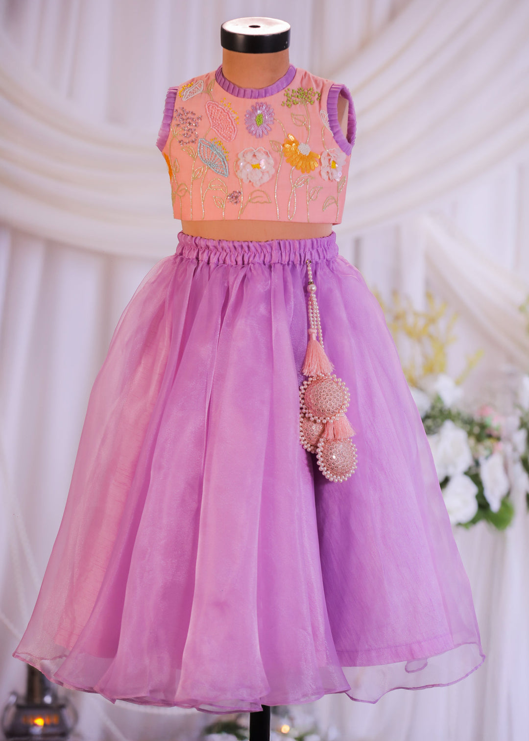 Lilac Peach Embroidered Organza Top With Ghagra Set