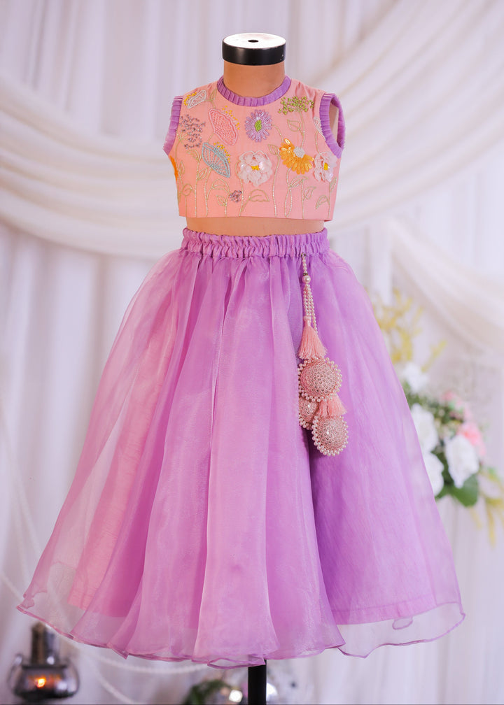 Lilac Peach Embroidered Organza Top With Ghagra Set