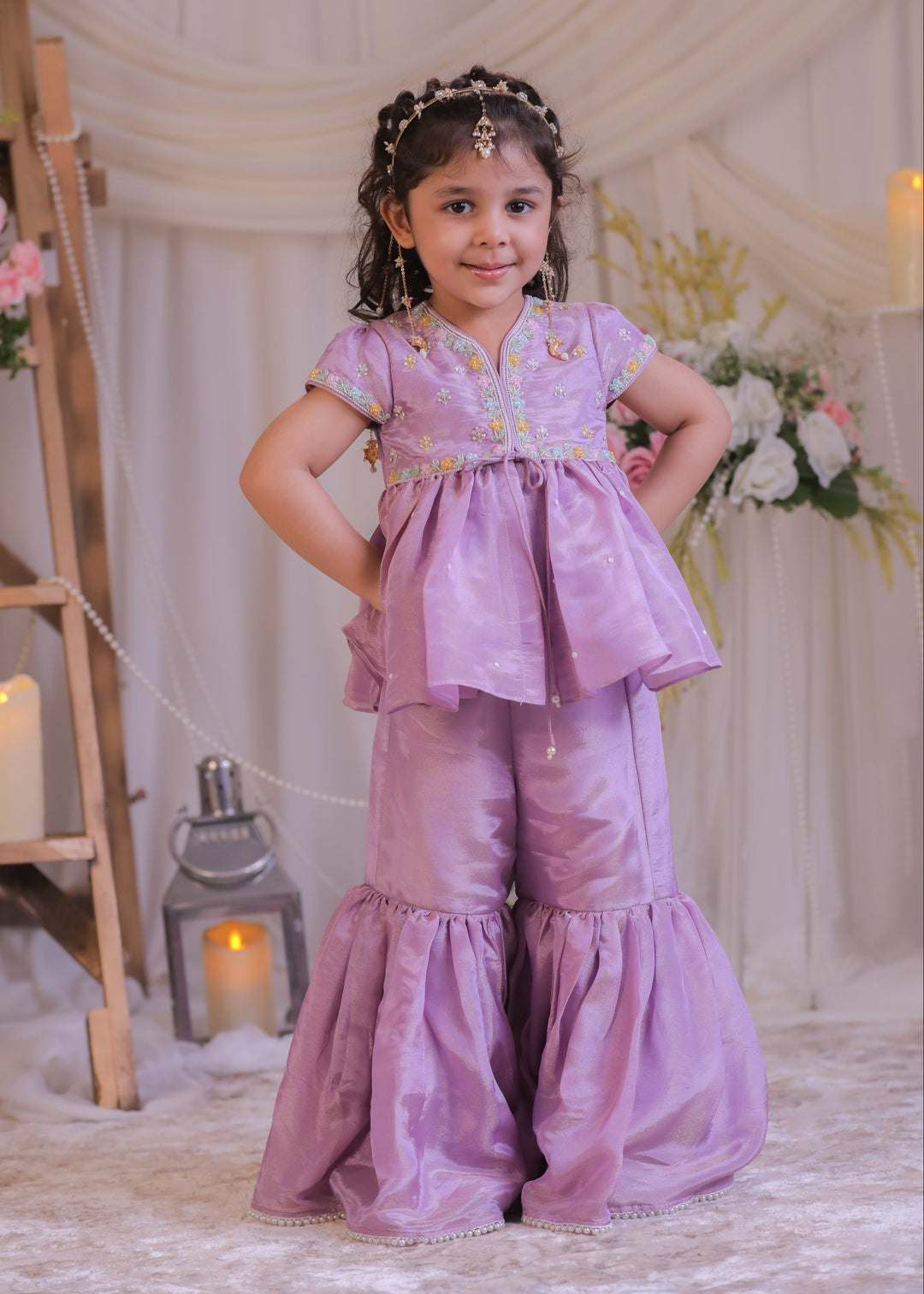 Purple Shimmer Silk Embroidered Tissue Kurta With Sharara Set
