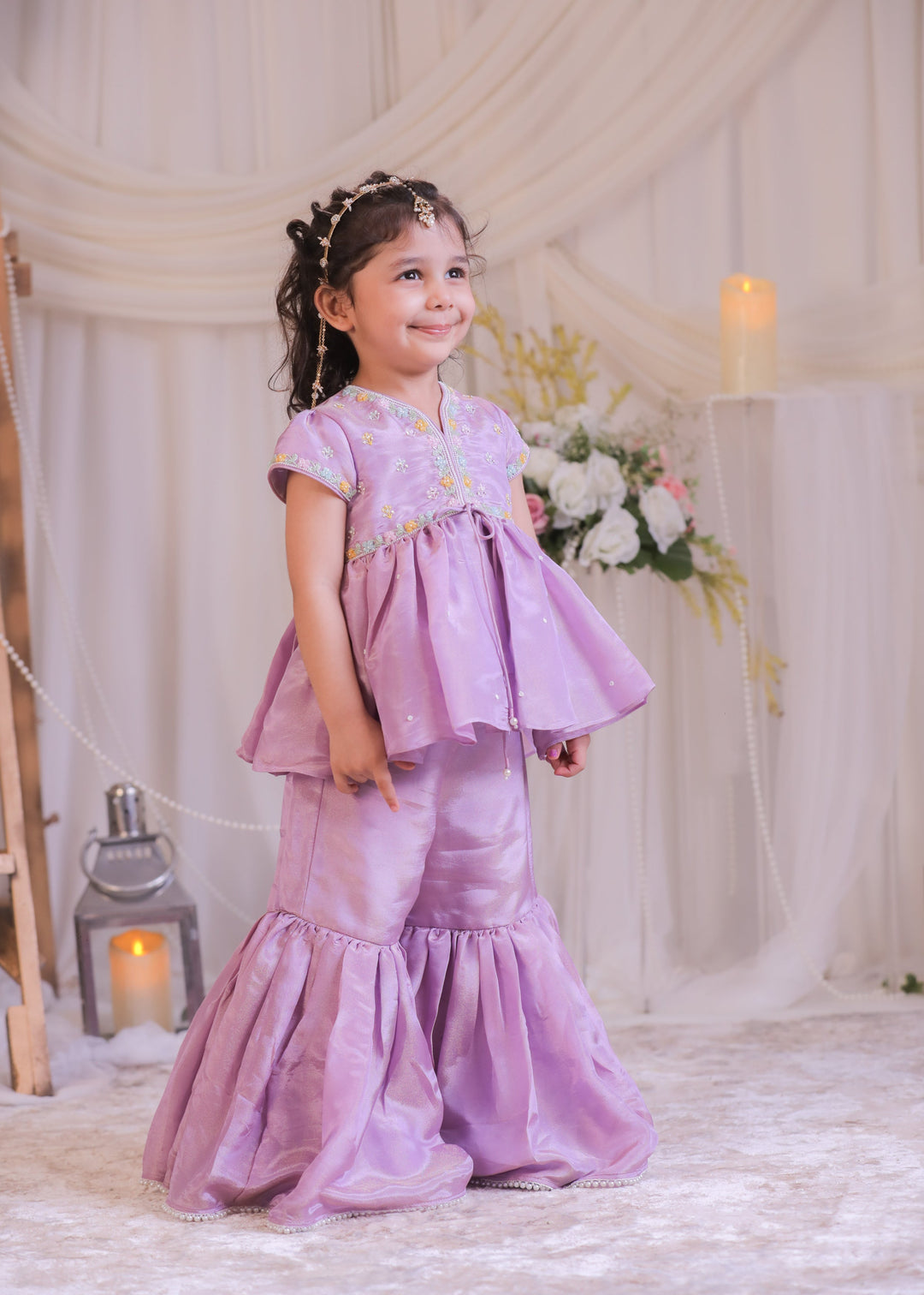 Purple Shimmer Silk Embroidered Tissue Kurta With Sharara Set