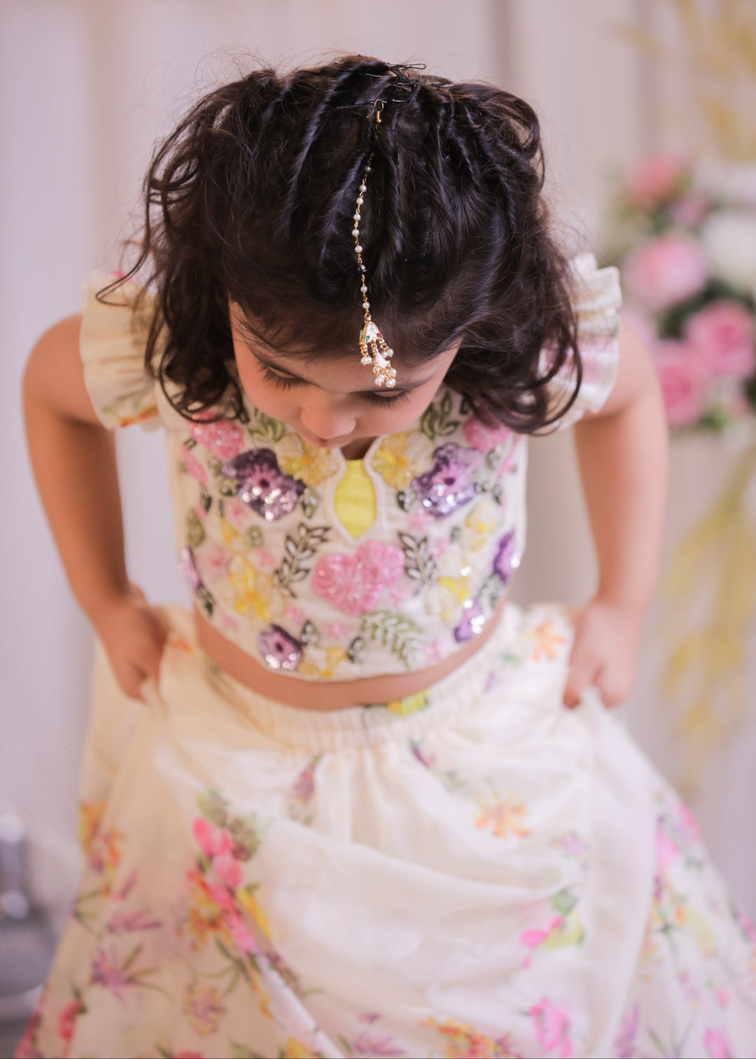 Off White Digital Silk Top With Organza Ghagra Set