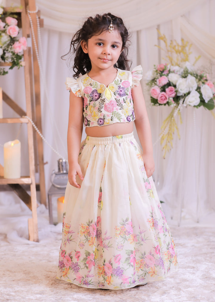 Off White Digital Silk Top With Organza Ghagra Set