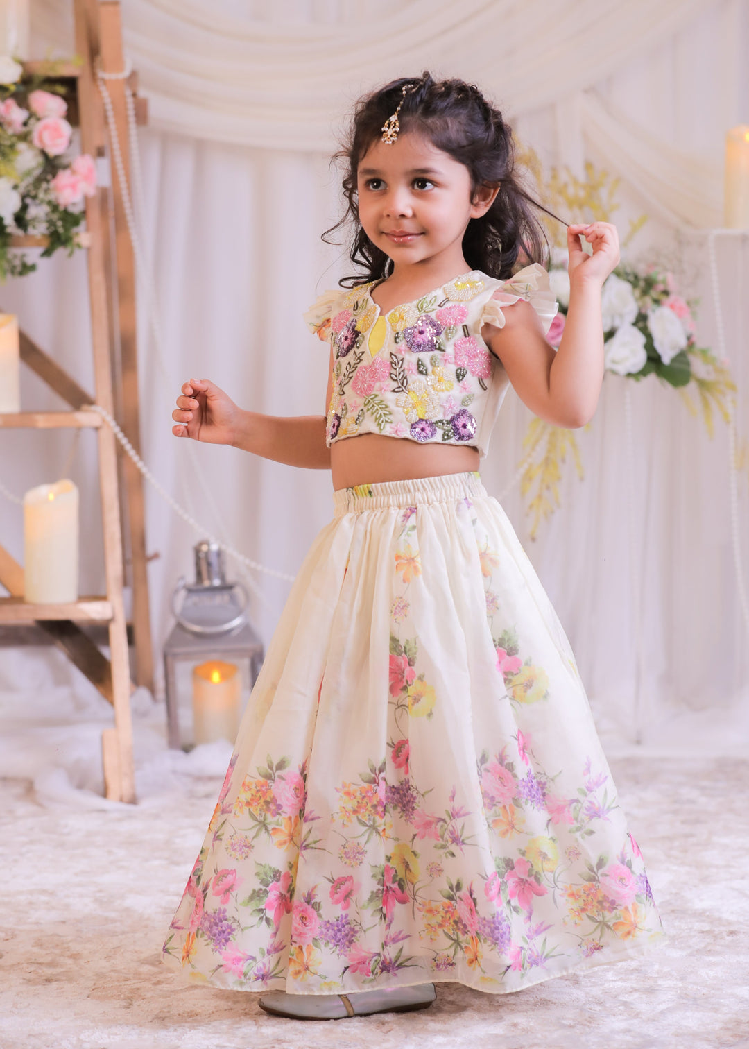 Off White Digital Silk Top With Organza Ghagra Set