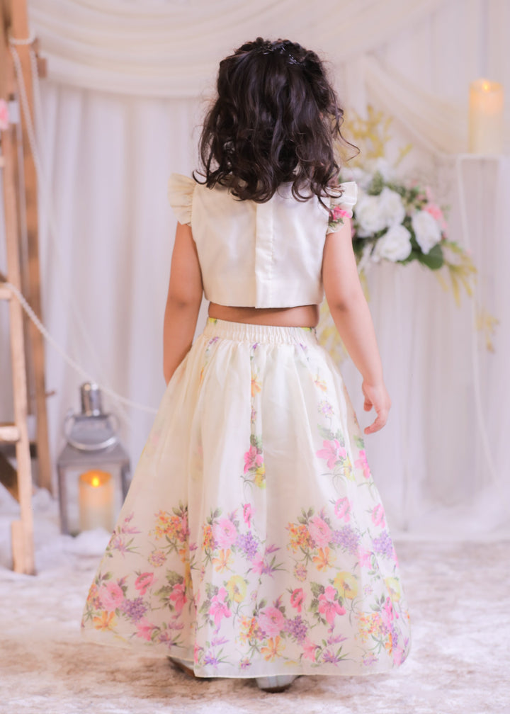 Off White Digital Silk Top With Organza Ghagra Set