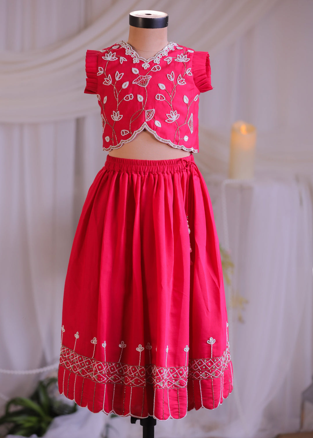Pink Tulip Embroidered Silk Top With Ghagra Set