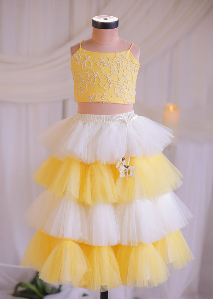 Yellow And White Butterly Top With Fril Ghagra Set
