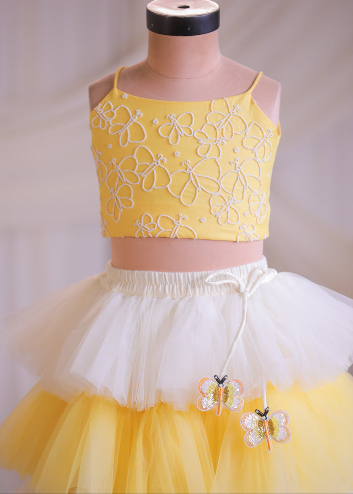 Yellow And White Butterly Top With Fril Ghagra Set