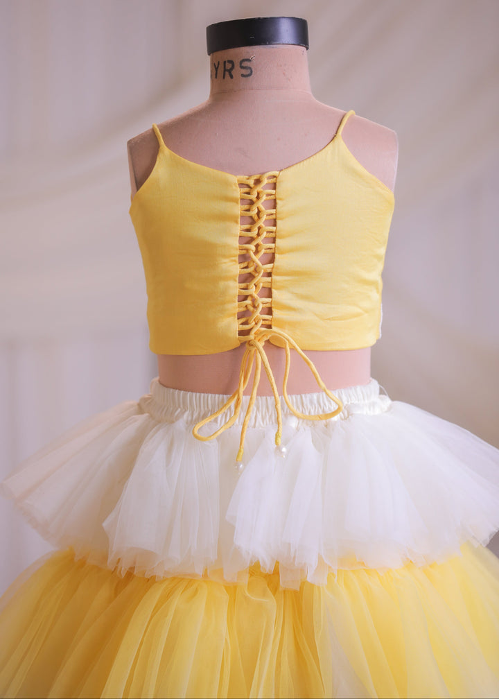 Yellow And White Butterly Top With Fril Ghagra Set