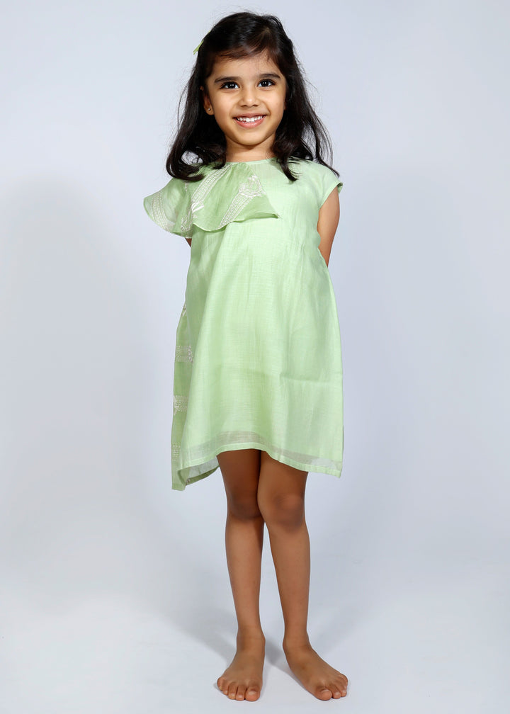Green Chanderi Hand Embroidered Asymmetrical Frill Dress