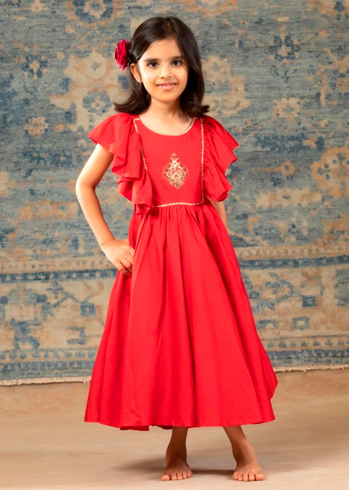 Red Glaze Cotton Yoke Hand Embroidered Gown