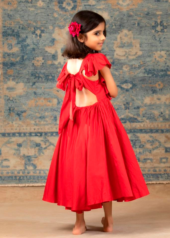 Red Glaze Cotton Yoke Hand Embroidered Gown