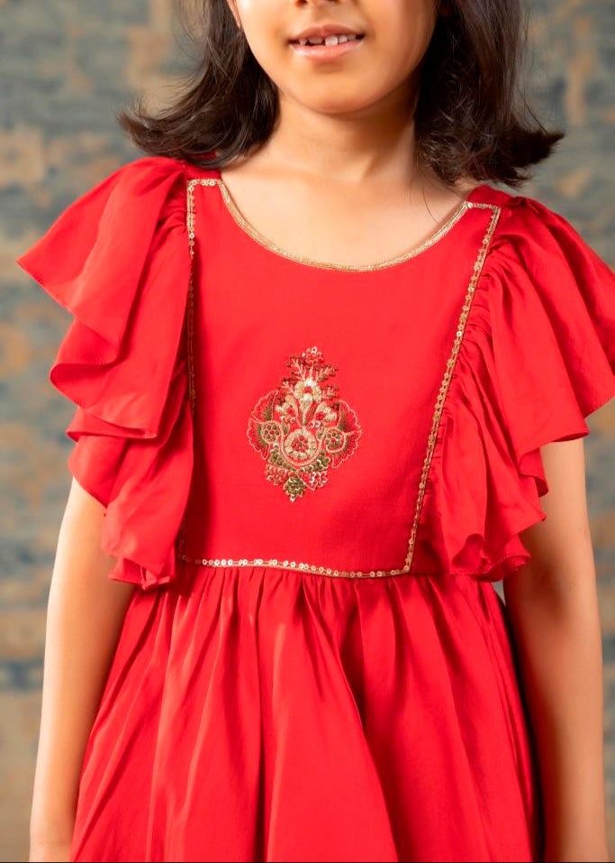 Red Glaze Cotton Yoke Hand Embroidered Gown