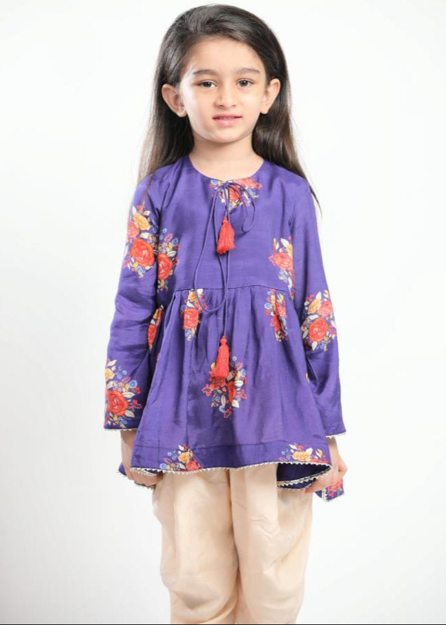 Purple Muslin Big Floral Printed Kurta With Pant Set