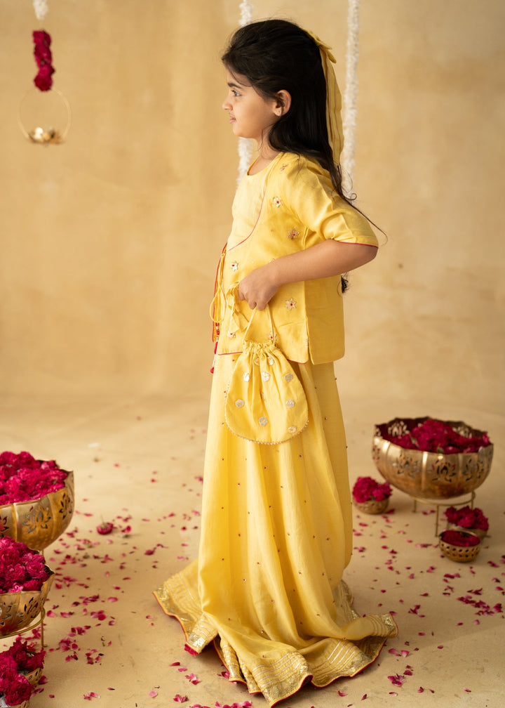 Yellow Sitara Hand Embroidered Star Gota Top With Lehenga Set