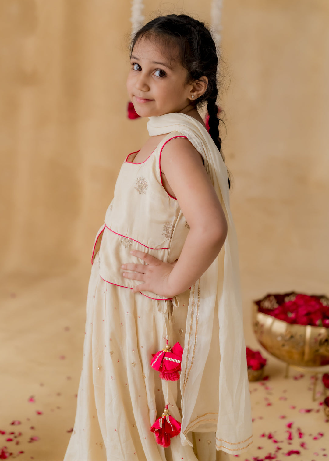 Off White Gulnoor Zari Embroidery Gota Detailing Top With Lehenga Set