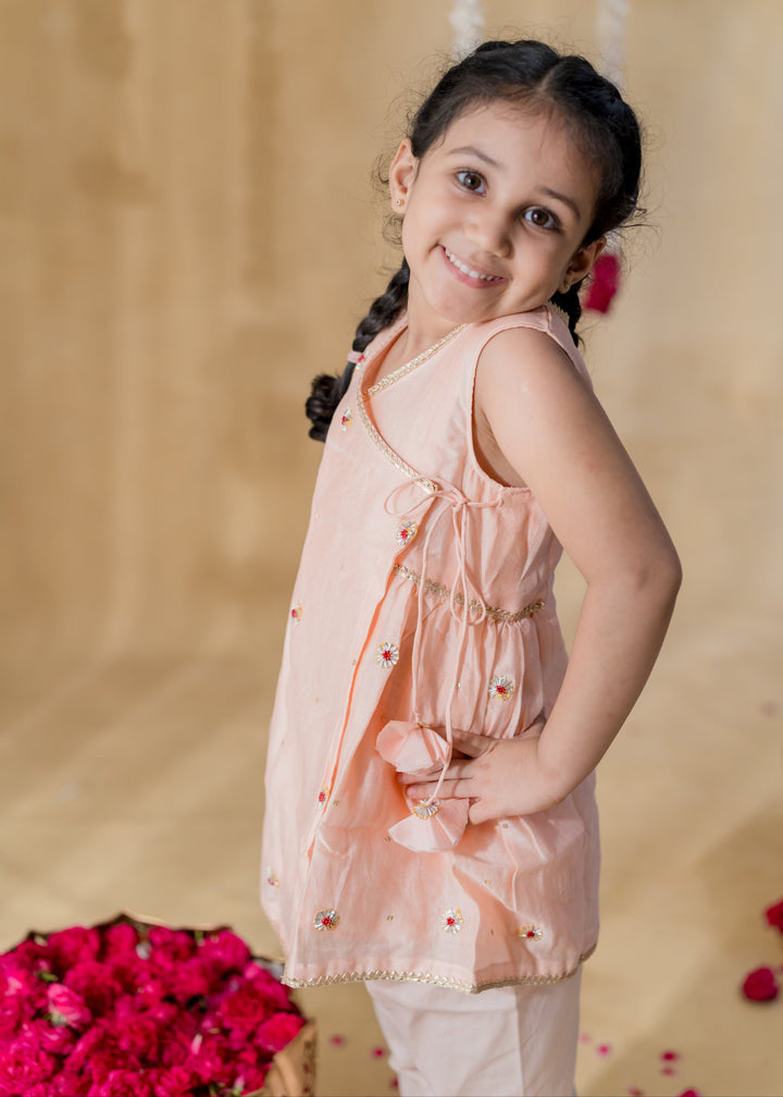 Peach Angrakha Petal Style Kurta With Pant Set