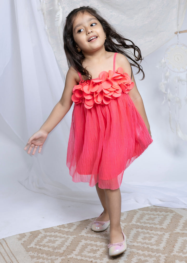 Pink Pleated With 3D Flower Sweetheart Dress