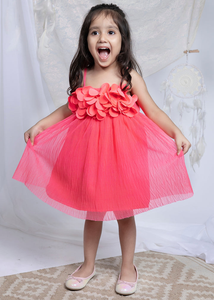 Pink Pleated With 3D Flower Sweetheart Dress