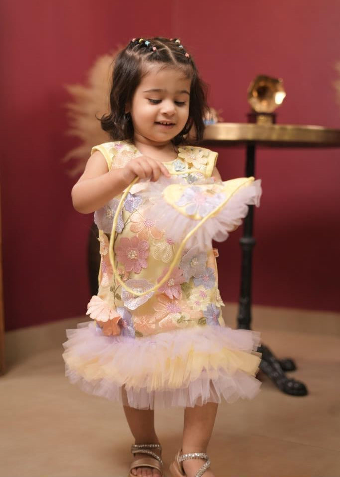 Yellow And Lavender 3D Embroidered Flower Pearl Dress