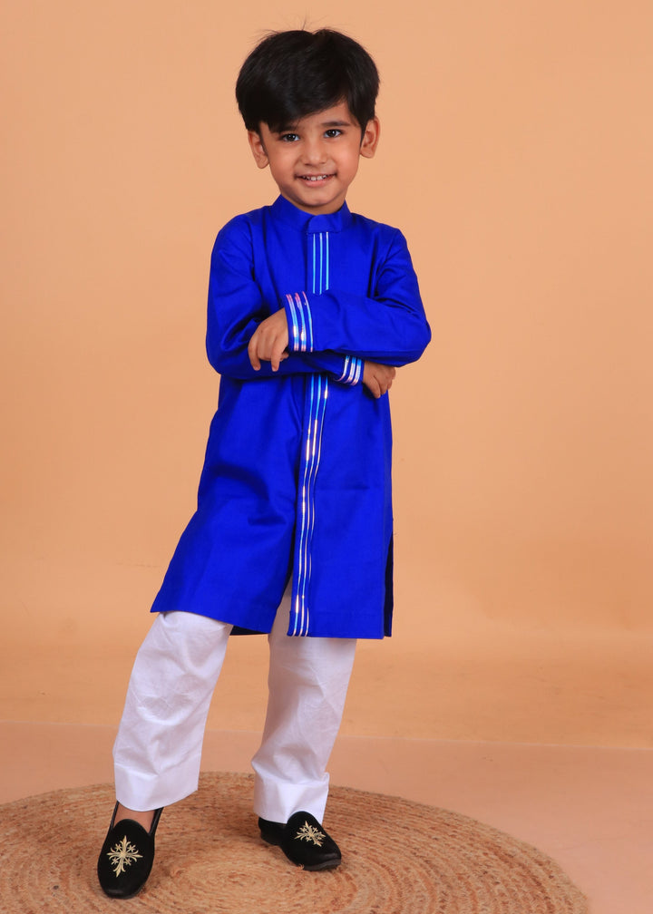 Blue Embellished Poplin Cotton Kurta With Pyjama Set