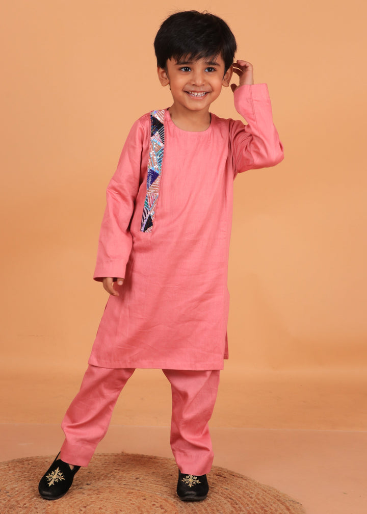 Pastel Pink Embellished Cotton Satin Kurta With Pyjama Set