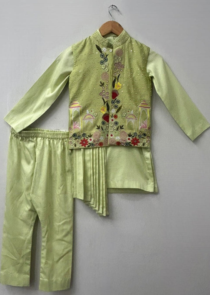 Pista Green Cotton Satin Embroidered Nehru Jacket And Kurta With Pant Set
