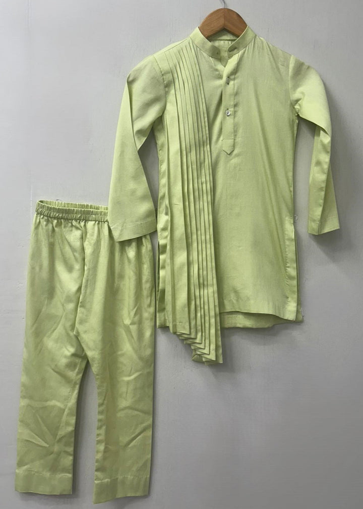 Pista Green Cotton Satin Embroidered Nehru Jacket And Kurta With Pant Set