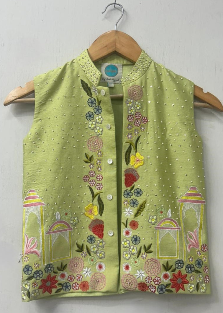 Pista Green Cotton Satin Embroidered Nehru Jacket And Kurta With Pant Set