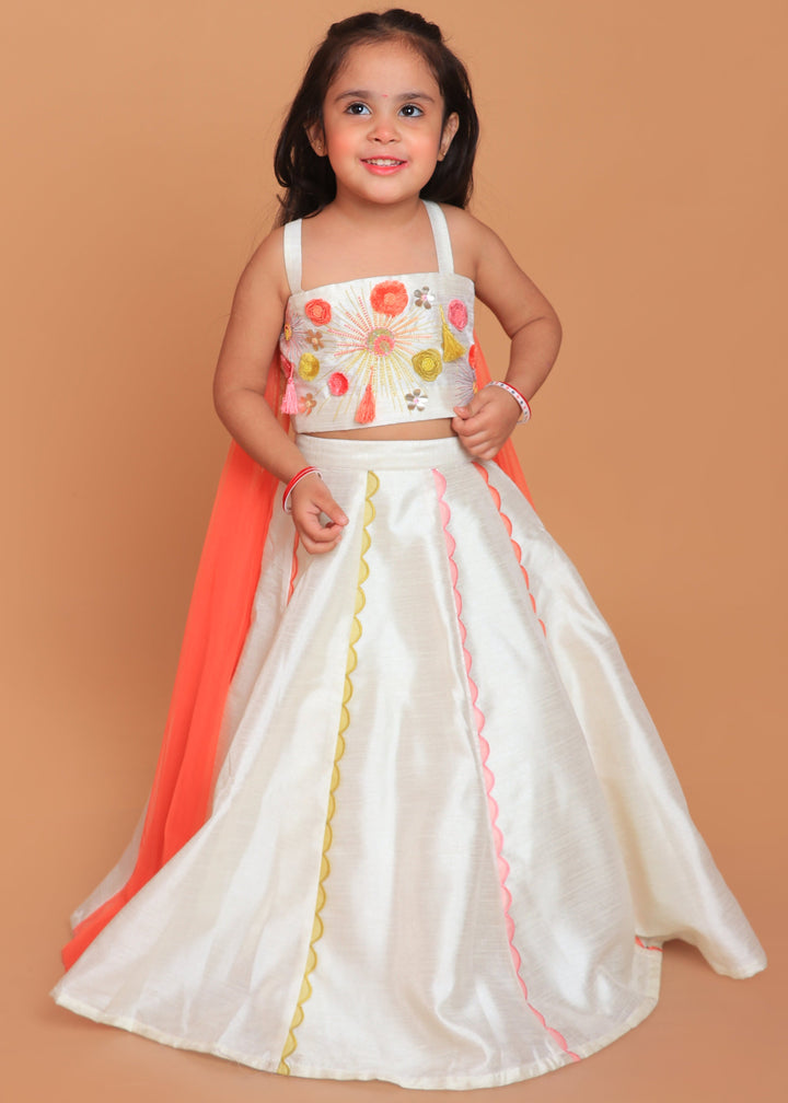 Off White Embroidered Top With Attached Dupatta And Lehenga Set