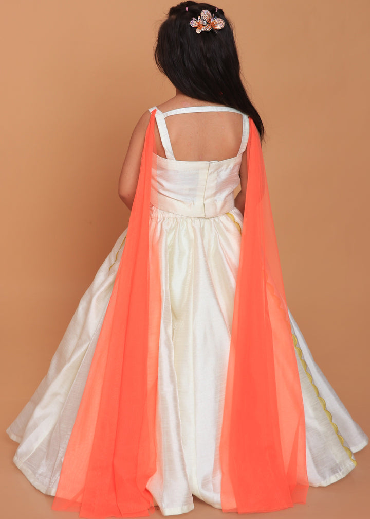 Off White Embroidered Top With Attached Dupatta And Lehenga Set