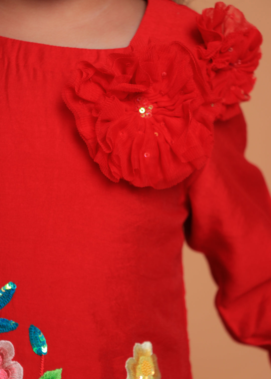 Red Embroidered Kurta With Layered Sharara And Dupatta Set
