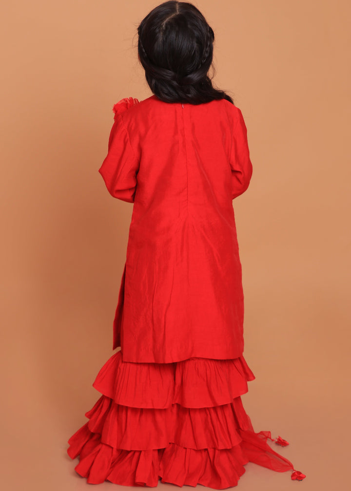 Red Embroidered Kurta With Layered Sharara And Dupatta Set