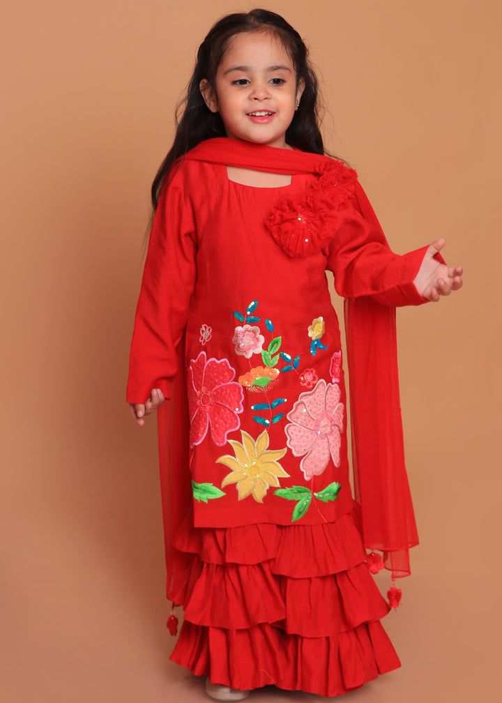 Red Embroidered Kurta With Layered Sharara And Dupatta Set