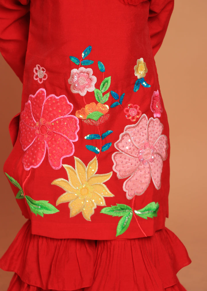 Red Embroidered Kurta With Layered Sharara And Dupatta Set