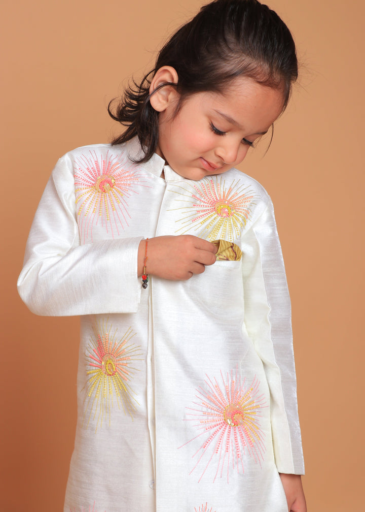 Off White Dupion Raw Silk Embroidered Sherwani With Pant Set