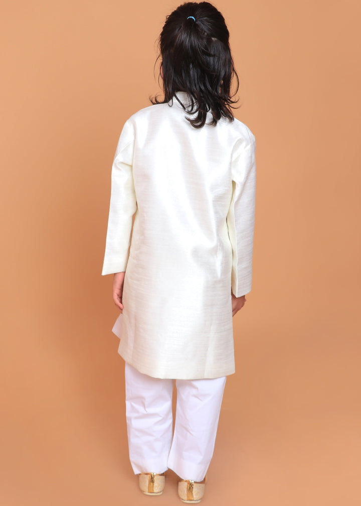 Off White Dupion Raw Silk Embroidered Sherwani With Pant Set