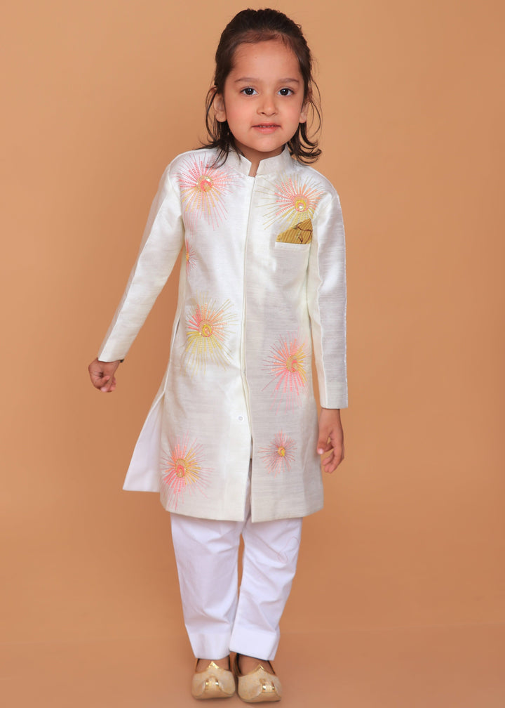 Off White Dupion Raw Silk Embroidered Sherwani With Pant Set