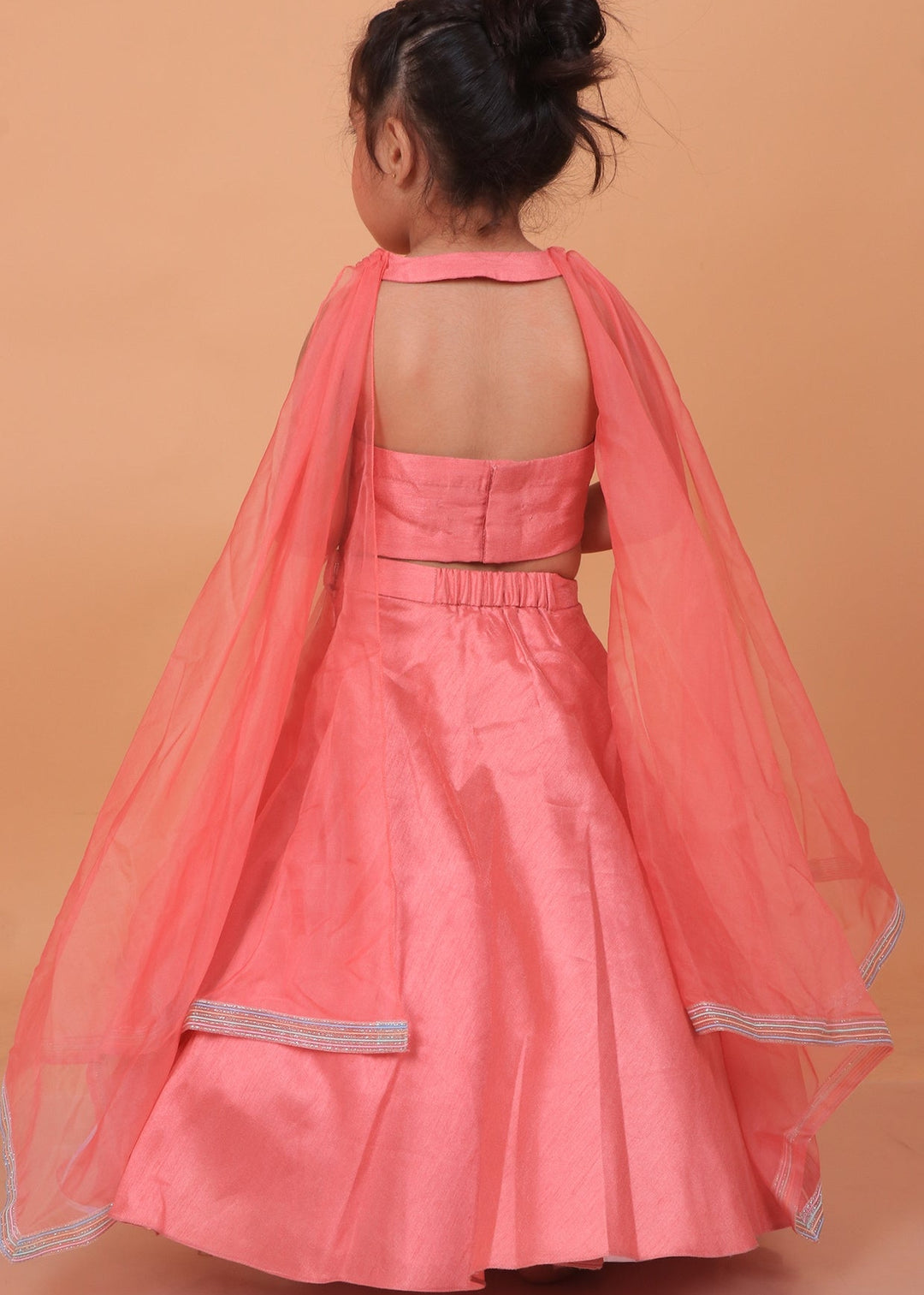 Pastel Pink Embroiderd Crop Top With Organza Layer Lehenga And Attached Dupatta Set