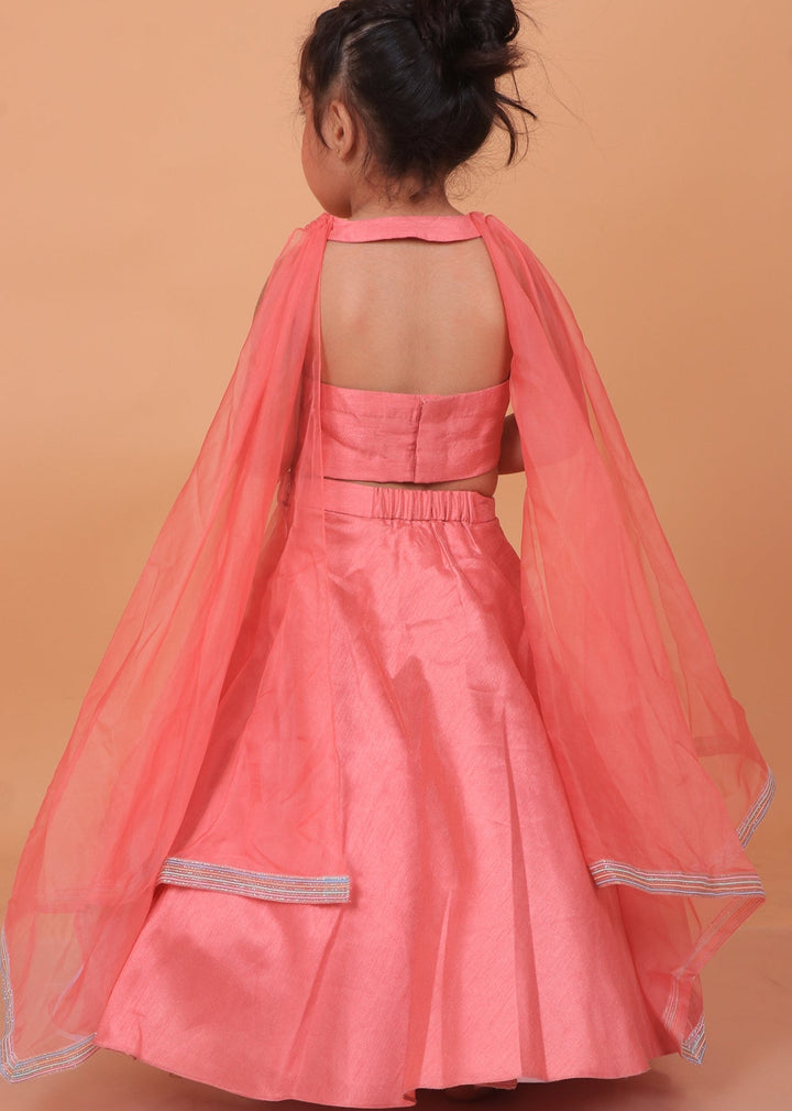 Pastel Pink Embroiderd Crop Top With Organza Layer Lehenga And Attached Dupatta Set