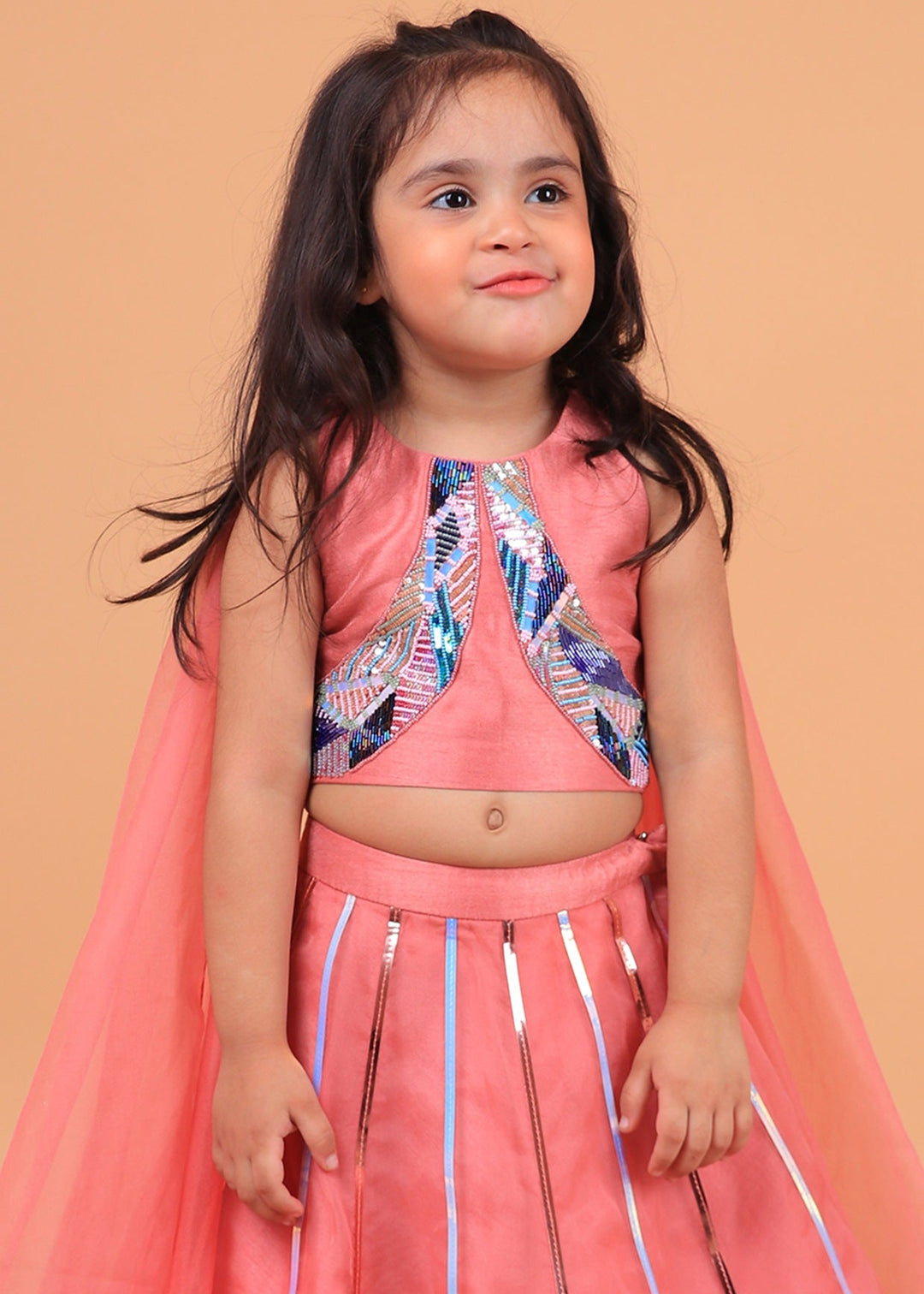Pastel Pink Embroiderd Crop Top With Organza Layer Lehenga And Attached Dupatta Set