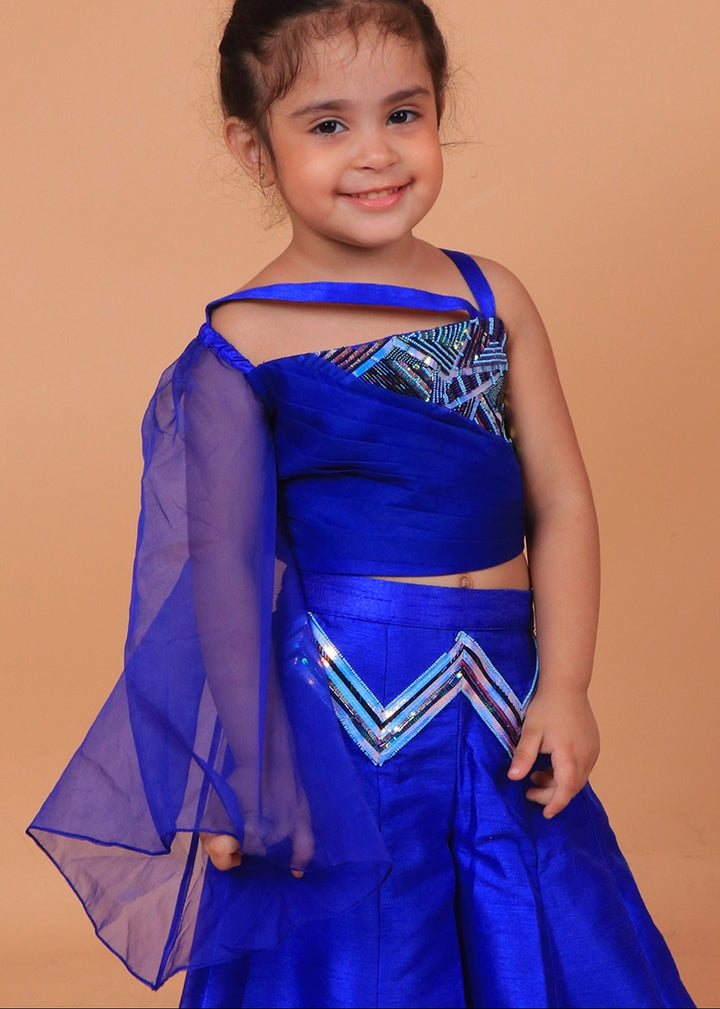 Blue Pleated Organza Top With Embroidery Paired With Sharara Set