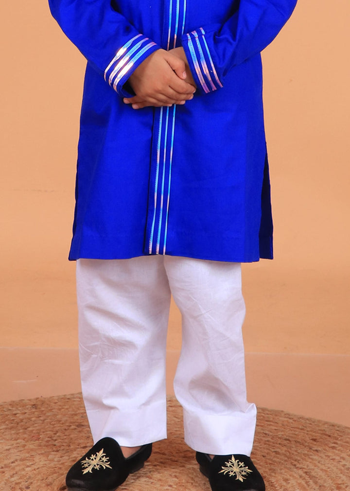 Blue Embellished Poplin Cotton Kurta With Pyjama Set