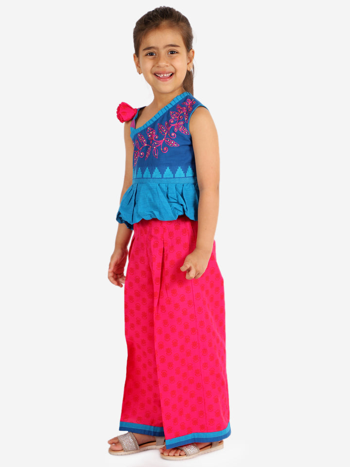 Blue & Pink Embroidered One Shoulder Top & Palazzo Set