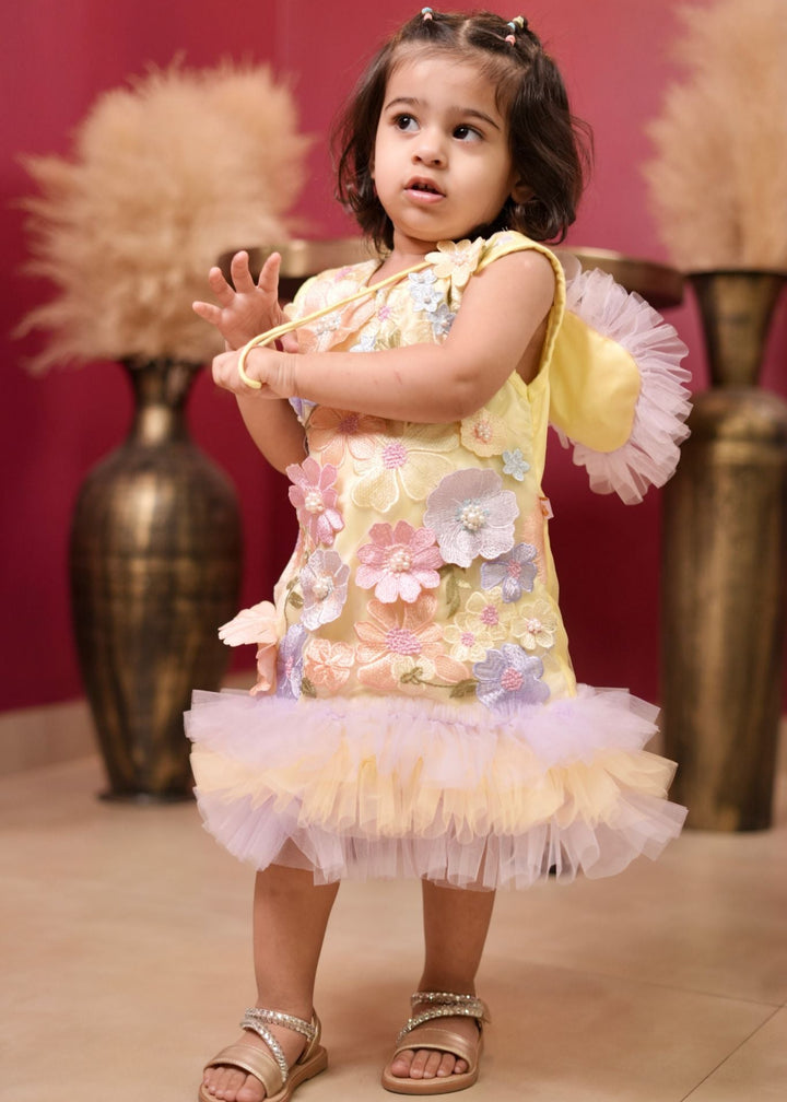 Yellow And Lavender 3D Embroidered Flower Pearl Dress